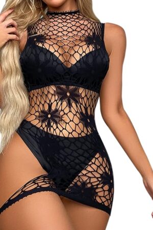 Women Sexy Fishnet Lingerie Dress One piece Lace Choker Mesh Babydoll Nightwear Chemise Plus Size Flower Cut out