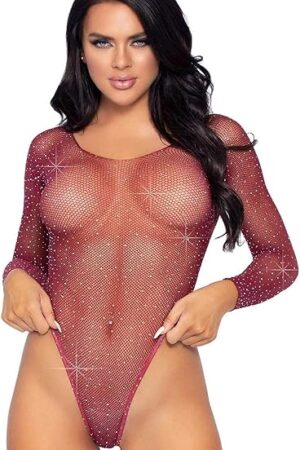 Women's Rhinestone Lingerie Long Sleeve Fishnet Bodysuit for Women with Snap Crotch