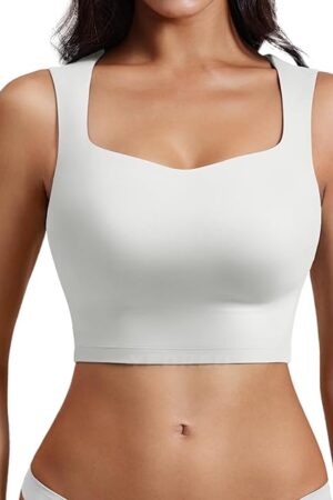 Workout Top for Women Sleeveless Square Neck Sport Crop Top Built in Bra Tank Top Athletic Gym Cami Heart Collar