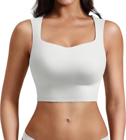 Workout Top for Women Sleeveless Square Neck Sport Crop Top Built in Bra Tank Top Athletic Gym Cami Heart Collar