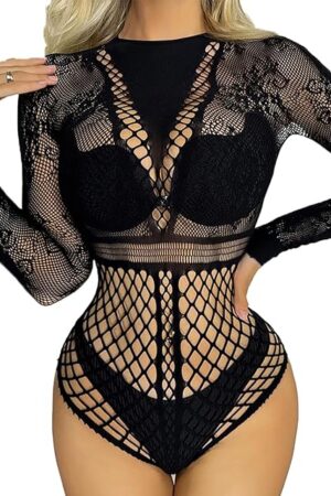 Fishnet Bodysuit Tops for Women Sheer Sexy One Piece Lingerie Long Sleeve Teddy Mesh Rave Bodysuits One Size