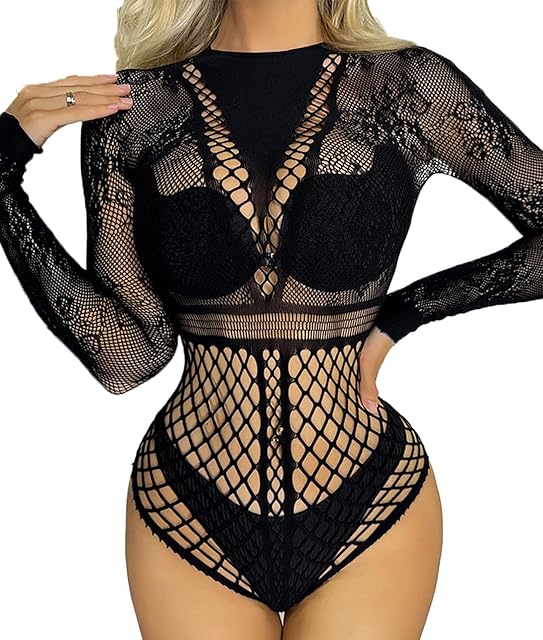 Fishnet Bodysuit Tops for Women Sheer Sexy One Piece Lingerie Long Sleeve Teddy Mesh Rave Bodysuits One Size