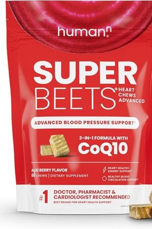 humanN SuperBeets Heart Chews Advanced - 3-in-1 Formula with Beetroot, Grape Seed Extract, & CoQ10, 60 Count
