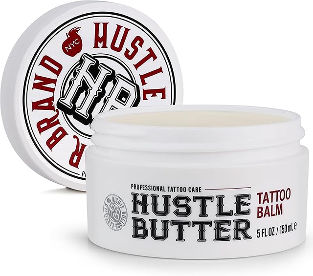 Hustle Butter Tattoo Aftercare 5oz Tattoo Balm, Heals + Protects New Tattoos and Rejuvenates Older Tattoos - 100% Vegan Cream No-Petroleum