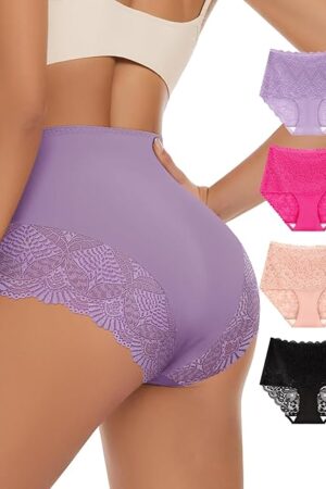 Women's High Waisted Underwear Ladies Lace Seamless Sexy Panties Breathable Soft Stretch 4 Pack Full Coverage