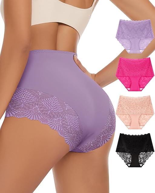 Women's High Waisted Underwear Ladies Lace Seamless Sexy Panties Breathable Soft Stretch 4 Pack Full Coverage