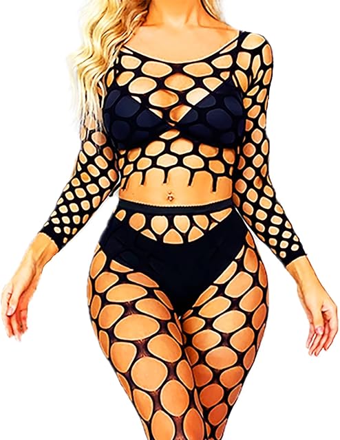 Women's Fishnet Bodystocking Lingerie Long Sleeve Mesh Top and Tights Set Sexy Club Outfits One Size