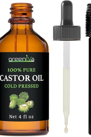 GreenIVe Castor Oil Organically Grown 100% Pure 4 fl oz Bottle Cold Pressed, Hexane Free, Eyelash and Eyebrow Growth Serum, Skin Moisturizer Detox and Wraps