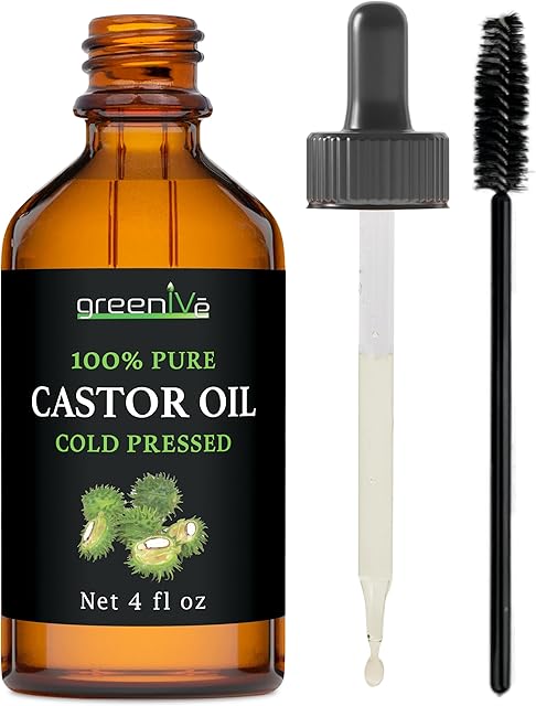 GreenIVe Castor Oil Organically Grown 100% Pure 4 fl oz Bottle Cold Pressed, Hexane Free, Eyelash and Eyebrow Growth Serum, Skin Moisturizer Detox and Wraps
