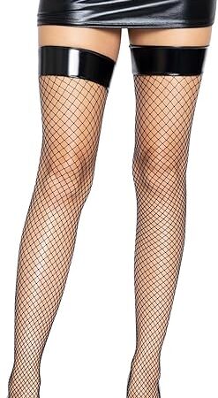 Women's Fishnet Thigh Highs, Black Vinyl Top, One Size