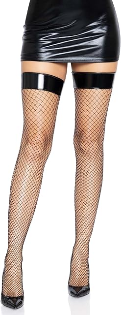 Women's Fishnet Thigh Highs, Black Vinyl Top, One Size