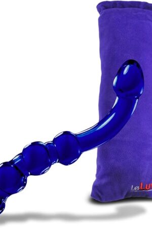 LeLuv Dildo 8" Glass Double-Ended G-Spot Beads Cobalt Blue Curved with Premium Padded Pouch