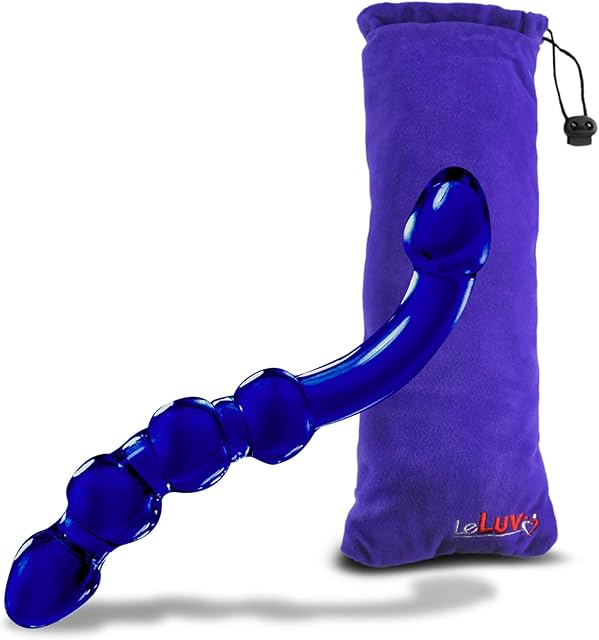 LeLuv Dildo 8" Glass Double-Ended G-Spot Beads Cobalt Blue Curved with Premium Padded Pouch