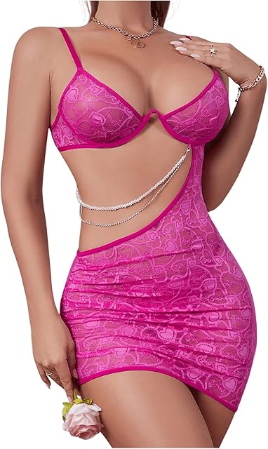 Women's Sheer Lace Babydoll Lingerie Set Cut Out Sleeveless Mini Nightgown with Thongs