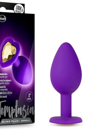 Blush Novelties Temptasia Bling Plug - Satin Smooth - Body Safe Platinum Silicone - Small Butt Plug - Heart Shaped Gem Tapered for Comfort Booty Sex Toy for Her Women Men Beginners Couples - Purple