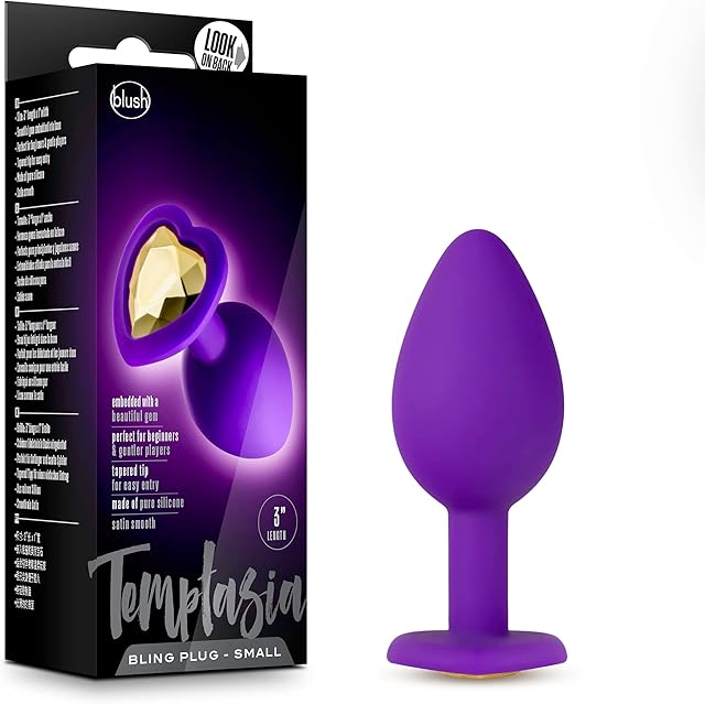 Blush Novelties Temptasia Bling Plug - Satin Smooth - Body Safe Platinum Silicone - Small Butt Plug - Heart Shaped Gem Tapered for Comfort Booty Sex Toy for Her Women Men Beginners Couples - Purple