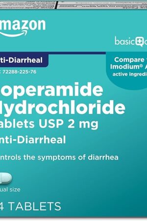 Amazon Basic Care Loperamide Hydrochloride Tablets, 2 mg, Anti-Diarrheal, 24 Count (Pack of 1) (Packaging may vary)