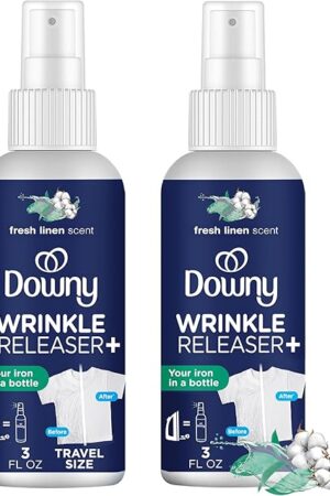 Downy Wrinkle Releaser Spray All In One Wrinkle Release Spray Travel Size, Odor Eliminator, Static Remover Fabric Refresher & Ironing Aid for Clothes 3 Fl Oz (Pack of 2), Crisp Linen Scent