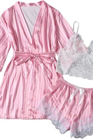 3 Piece Pajama Sets for Women Soft Satin Pajama Set Lingerie Lace Cami Pjs Comfy Sexy Robe Lingerie Sets