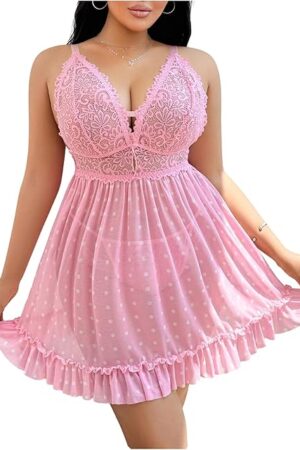 Women's Plus Size Babydoll Lingerie Set Polka Dots Lace Sheer Chemise Nightgown Mesh V Neck Sleepwear