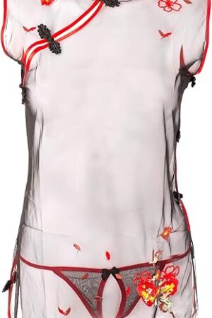 Women's See Through Sleepwear Chinese Cheongsam Babydoll Chemise Set