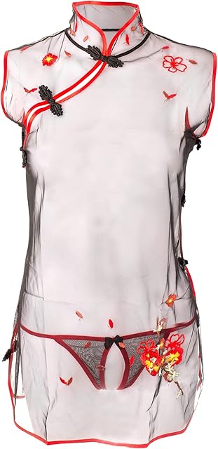 Women's See Through Sleepwear Chinese Cheongsam Babydoll Chemise Set