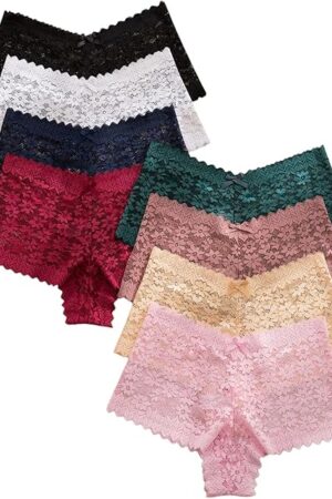 Women's 8 Pack Lace Boyshorts Panties Scallop Trim V Waist Mid Rise Lingerie Underwear