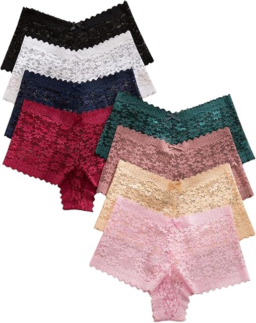 Women's 8 Pack Lace Boyshorts Panties Scallop Trim V Waist Mid Rise Lingerie Underwear