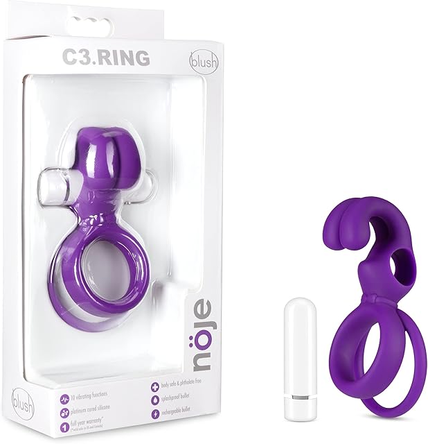 Blush Noje C3 Iris Vibrating Cock Ring w/Rabbit Ears for Clitoral & Penis Stimulation - Soft Silicone Ball Stretcher - 10 Vibration Modes - Couples Pleasure Ring for Cuddle & Intimate Play - (Purple)