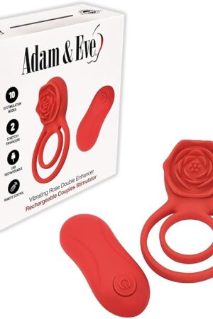 Adam & Eve Double Ring Vibrating Rose Cockring, Penis Rings with 9 Vibration Modes, Remote Control, Stretchy Silicone, Enhances Performance, Boosts Hardness, Waterproof, Rechargeable, Couples Toy