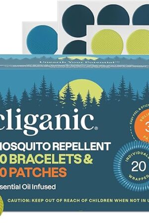 Cliganic Mosquito Repellent Pack (20 Bracelets + 30 Stickers) - for Kids & Adults, Natural DEET-Free, Essential Oil Infused