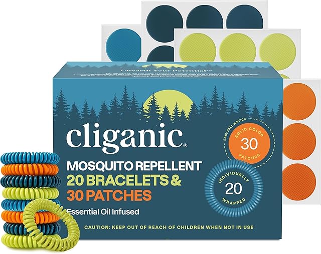 Cliganic Mosquito Repellent Pack (20 Bracelets + 30 Stickers) - for Kids & Adults, Natural DEET-Free, Essential Oil Infused