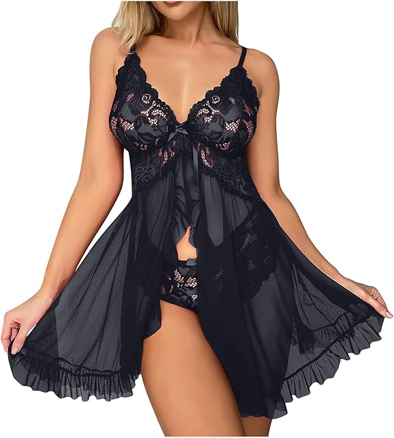 Babydoll Lingerie for Women Sexy Hot Lace Mesh Chemise Front Closure Nightdress Pajama Dress with Push Up Bra
