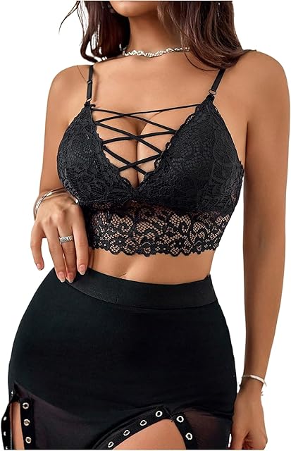 Women Spaghetti Strap Criss Cross Lace Bralette Sexy Deep V Neck Lingerie Bras