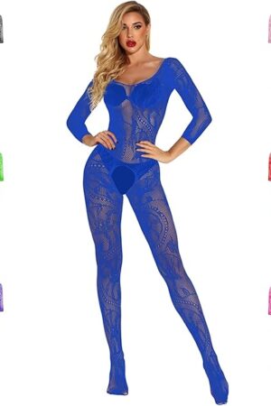 Women's Sexy Lace Fishnet Bodysuit Long Sleeve Mesh Jumpsuit Full Body Stockings Net Bodysuit