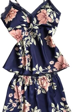 Women's Sexy Silk Satin Pajamas Sets Lingerie V Neck Lace Cami Short Set Cute Floral Lounge Set Soft Ladies Sleepwear Navy