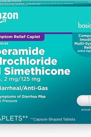 Amazon Basic Care Loperamide Hydrochloride 2 mg and Simethicone 125 mg Tablets, Multi-Symptom, Anti-Diarrhea Medicine, Gas Relief, 24 Count