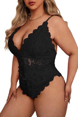 Women's Plus Size Floral Lace Deep V Neck Teddy Bodysuit Scallop Trim Criss Cross One Piece Lingerie