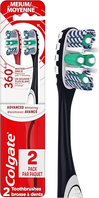 Colgate 360 Optic White Advanced Whitening Toothbrush, Adult Medium Toothbrush with Whitening Cups, Helps Whiten Teeth and Removes Odor Causing Bacteria, 2 Pack