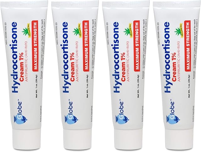 Globe (4 Pack) Hydrocortisone Maximum Strength Anti-Itch Cream 1% w/Aloe, Intensive Formula for Redness, Rash, Bug & Mosquito Bites, Eczema, Hemorrhoids, Sensitive Skin, Instant Itch Relief,1 oz Tube
