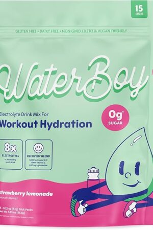 Waterboy Workout Hydration | 2,960mg Sugar Free Electrolyte Powder Packets | L-Glutamine + Vitamins | No Sugar, All Natural, Gluten Free | 15 Drink Stick Mixes (Strawberry Lemonade)