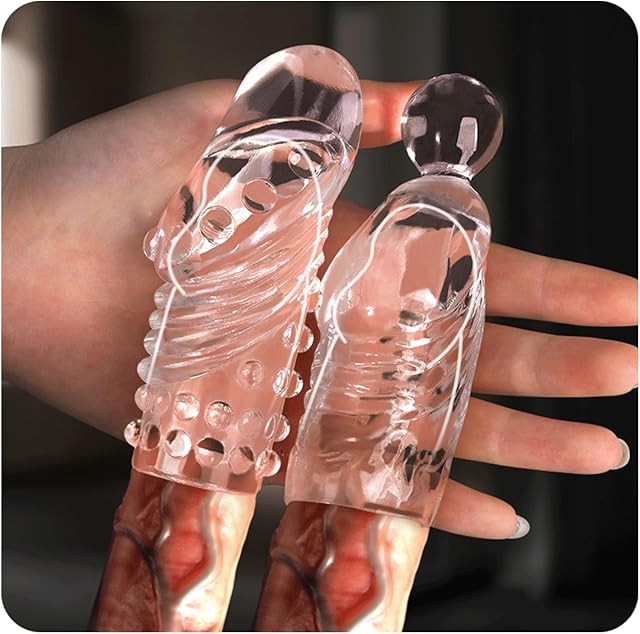 2Pcs Reusable Penis Extender Soft Stretch Cock Girth Enhancer Sleeve Enlargement Delayed Ejaculation G Spot Stimulation Glans Condom Finger Sleeves Stimulation for Women Vaginal Anal for Men Couples