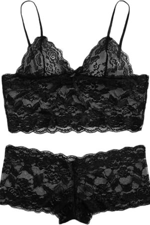 Women's Lace Lingerie Bra and Panty Set Babydoll Outfits Bodysuit Two Piece Sheer Sleepwear Sexy Lingerie for Women