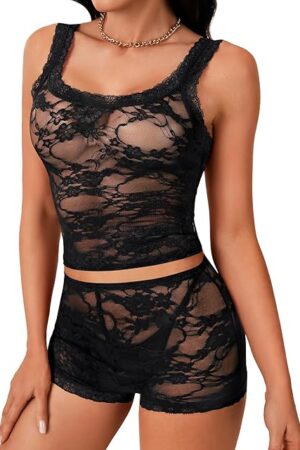 Women's Sexy Sheer Floral Lace Pajamas Lingerie Set High Waist Sleepwear Bra and Panty 2 Piece Nightwear