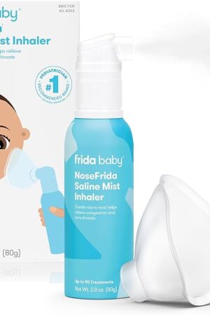 Frida Baby NoseFrida Saline Mist Nasal Inhaler, Decongestant Spray for Congestion & Allergy Relief for Babies + Kids, Nasal Saline Spray, Soothes Stuffy Nose & Sore Throat, Includes Mask, Made in USA