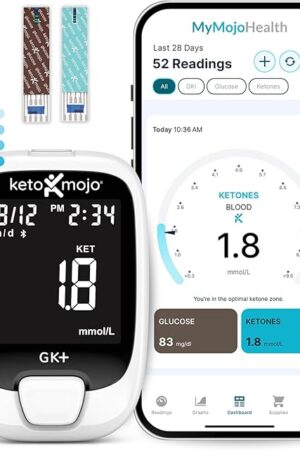 KETO-MOJO GK+ Bluetooth Glucose & Ketone Testing Kit + Free APP for Ketosis & Diabetes Support 20 Blood Test Strips (10 Each), Meter, 20 Lancets, Lancing Device, and Control Solutions