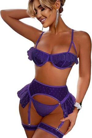 Women's Valentines Sexy Mesh Lingerie Set Lace Teddy Strap Babydoll Bodysuit with Garter Belts