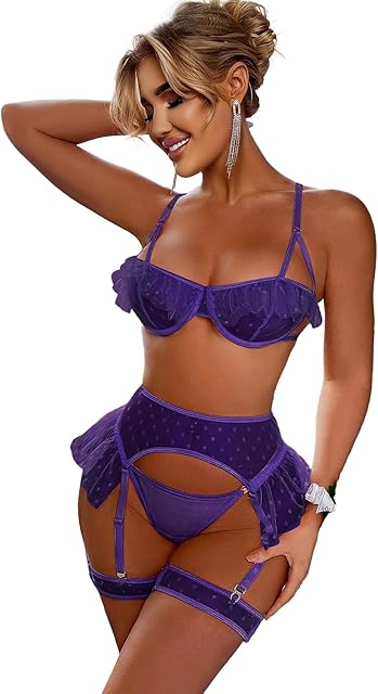 Women's Valentines Sexy Mesh Lingerie Set Lace Teddy Strap Babydoll Bodysuit with Garter Belts