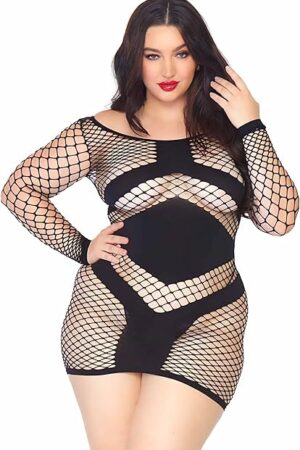 Women's Sexy Diamond Black Fishnet Mini Dress Lingerie, One Size Plus
