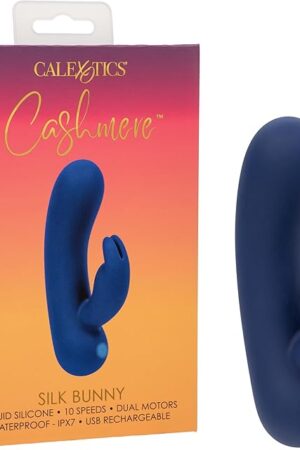 CalExotics Cashmere Silk Bunny, Waterproof Liquid Silicone Rechargeable 10-Speed Rabbit Vibrator G-Spot Curve and Flickering Bunny Ears Blue SE-4364-23-3